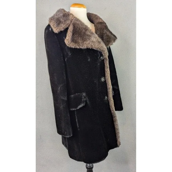 Vtg Glenorba Glenoit Faux Fur Coat Womens Black Brown Trim Winter Cozy Retro USA - Picture 10 of 16
